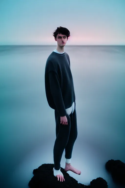 Image similar to high quality pastel coloured film mid angle portrait photograph of a beautiful young 2 0 year old male, soft features, short black hair, baggy oversized inflated clothing!!!!! icelandic black rock pool environment. atmospheric. three point light. photographic. art directed. ( pastel colours ). volumetric light. clearcoat. waves glitch. 8 k. filmic.