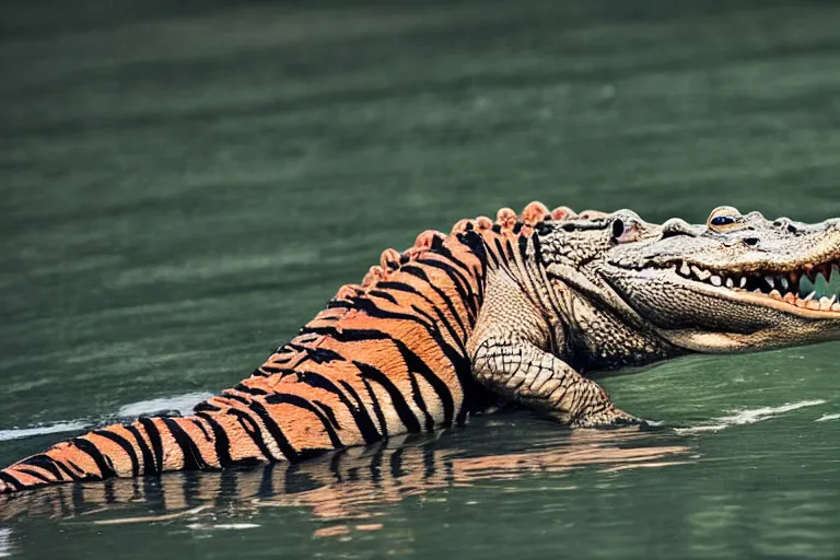 Image similar to an alligator tiger!!! hybrid! hyper realistic!! realistic lighting!! wildlife photographer of the year!!! bold natural colors, national geographic, hd, wide angle, 8 k