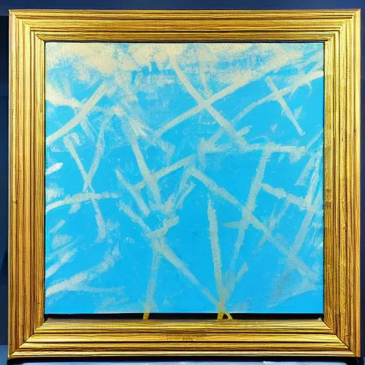 Prompt: a impasto oil painting of beautiful, symmetric pattern by andy warhol, blue color scheme, cyan colors, gold highlights, ultra high details, triade color scheme, golden ratio, symmetrie