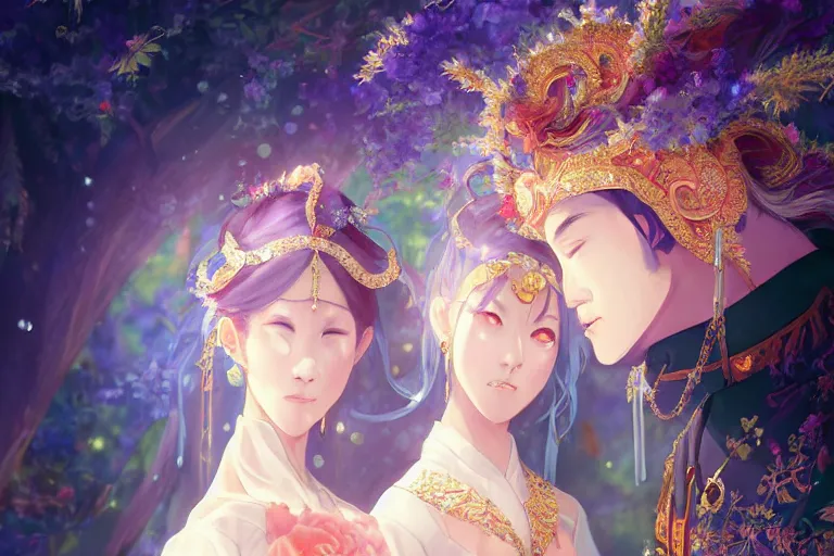 Image similar to a dreamlike portrait of wedding photograph close up moment of a divine a taiwan sun god and moon goddess lovers magician at a wedding banquet. portraiture. digital painting. artstation. concept art. fantasy wedding photo. digital painting, 8 k realistic, hyper detailed, by makoto shinkai and akihiko yoshida and hidari and wlop