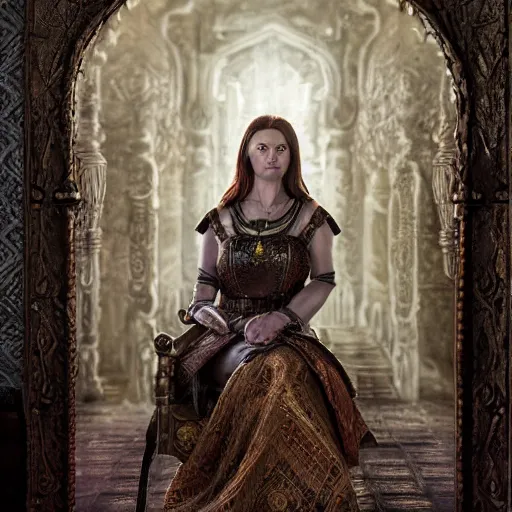 Image similar to the elder scrolls vi, charismatic regal brunette female jarl, portrait, rustic throne room, atmospheric lighting, painted, intricate, volumetric lighting, beautiful, daytime,, slight overcast weather, 4 0 0 0 k, sharp focus, deep colours, ultra detailed, by leesha hannigan, ross tran, thierry doizon, kai carpenter, ignacio fernandez rios