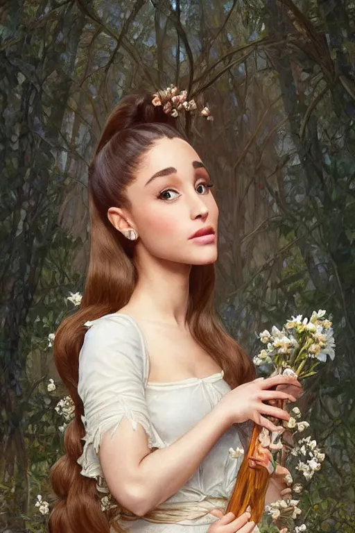 Image similar to beautiful cottagecore Ariana Grande holding a skin colored vase. intricate, elegant. the background is made of human bodies !. highly detailed, digital painting, artstation, concept art, smooth, sharp, focus, illustration. . art by artgerm and greg rutkowski and alphonse mucha