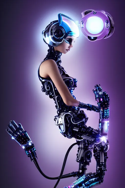 Image similar to cybernetic high tech catgirl with a cybercat on her head, sci - fi, cyberpunk, futurism, exoskeleton, strong artificial intelligence, symmetry, cinematic, elegant, luxury, professional studio light, perfect composition, dlsr photography, sharp focus, 8 k, ultra hd, sense of awe, highly detailed, hyper realistic, intricate, science journal cover