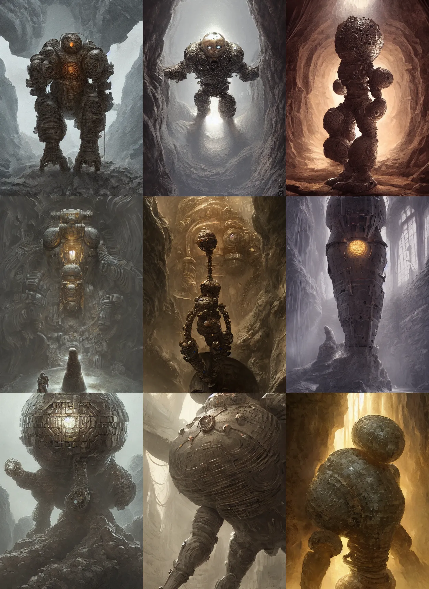 Prompt: steel spherical golem in cave, intricate, elegant, highly detailed, digital painting, artstation, concept art, smooth, sharp focus, illustration, giger, daren bader, aleksi briclot, mucha, rutkowski