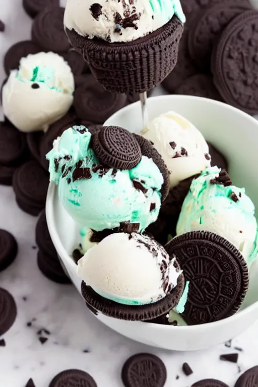 Image similar to refreshing white mint icecream with bits of oreo cookies inside, chocolate mint icecream