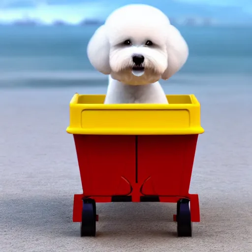 Prompt: a photorealistic photograph of a smiling white Bichon Frisé puppy pulling a little red wagon that is overflowing with french fries during sunset at the beach Trending on Artstation, featured on Behance, well-rendered, Unreal Engine, 4K HD