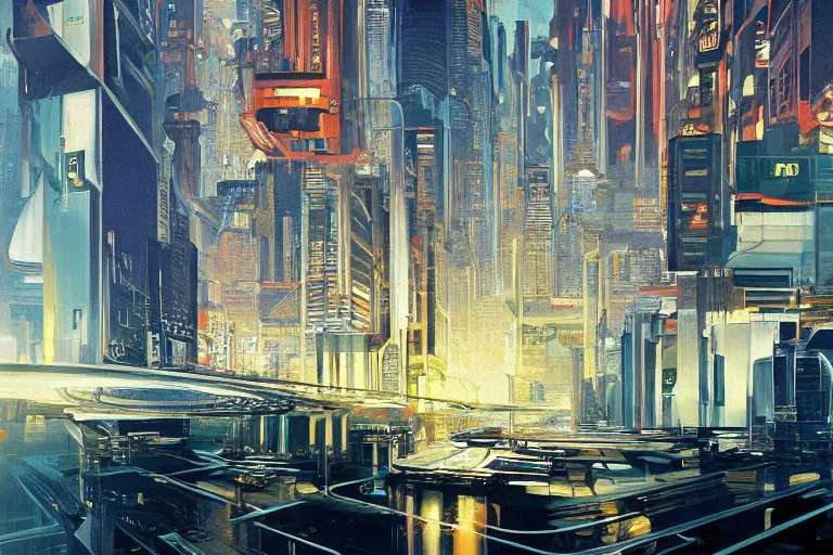 Image similar to futuristic city, painting by syd mead, highly detailed, soft lighting, 8 k resolution, oil on canvas, architectural magazine