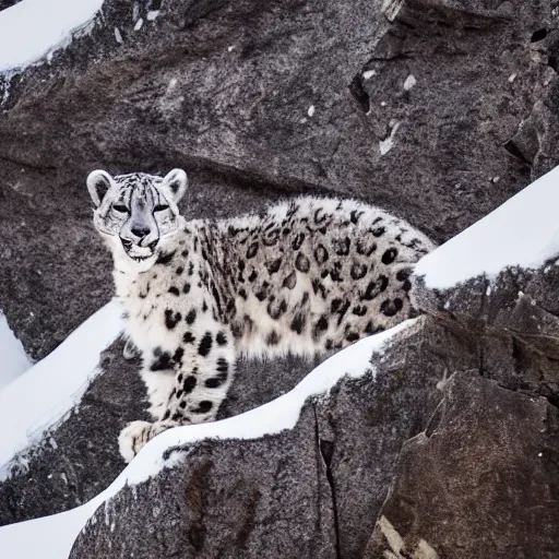 Prompt: snow leopard on mountain, XF IQ4, f/1.4, ISO 200, 1/160s, 8K, RAW, unedited, symmetrical balance, in-frame