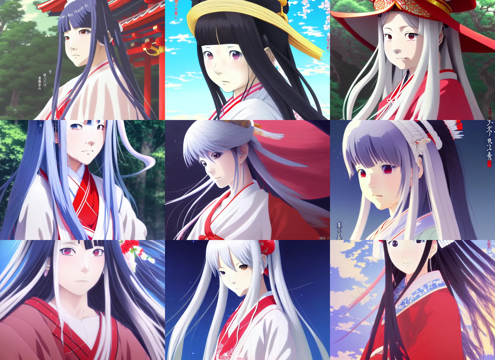 Prompt: anime portrait of a young japanese girl with long white hair in traditional clothing at a shrine, fine detailed features, dynamic pose, trending on pixiv fanbox, ilya kuvshinov makoto shinkai takashi takeuchi studio ghibli, akihiko yoshida, 4 k