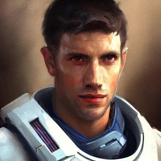 Image similar to portrait of a man by greg rutkowski, a soldier of the new galactic republic, wearing a white, blue and orange tactical gear, star wars expanded universe, highly detailed portrait, digital painting, artstation, concept art, smooth, sharp foccus ilustration, artstation hq