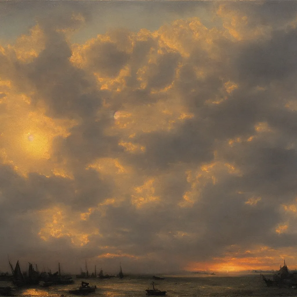 Prompt: a realistic oil painting of cloudy skies at sunrise, dutch masters