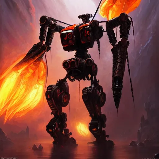 Image similar to beautiful oil painting with high detail of a mech spider robot from dungeons and dragons and art direction by James Cameron ;by artgerm; wayne reynolds art station; cinematic quality character action render; ultra high quality model; production quality cinema model; flaming plasma aesthetic