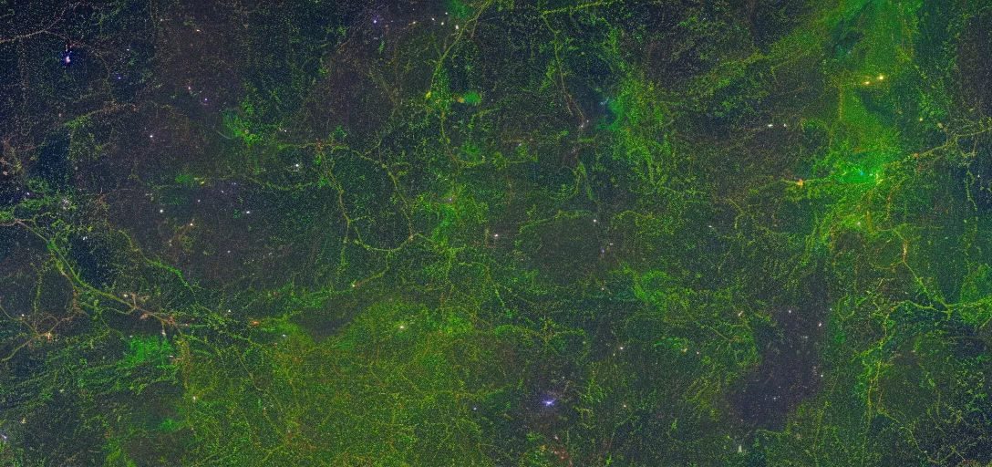 Image similar to nasa photo of the amazon forest made of plastic bags of different colors, in a real space photography, super detailed image, trending on artstation, moody, cinematic, 8 k, volumetric lighting