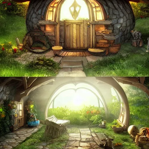 Image similar to a hobbit house with light coming out of a window, fantasy, digital art, artstation, beautiful, magical.