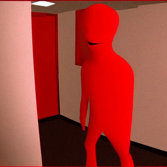 Prompt: cctv footage of a blood red figure standing in the corner of the room, smiling, horror, creepy, uncanny, weird, dark