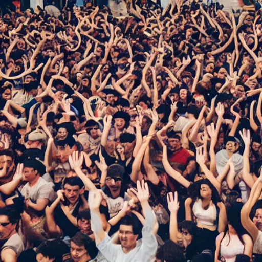 Prompt: crowd of people worshipping the flying spaghetti monster