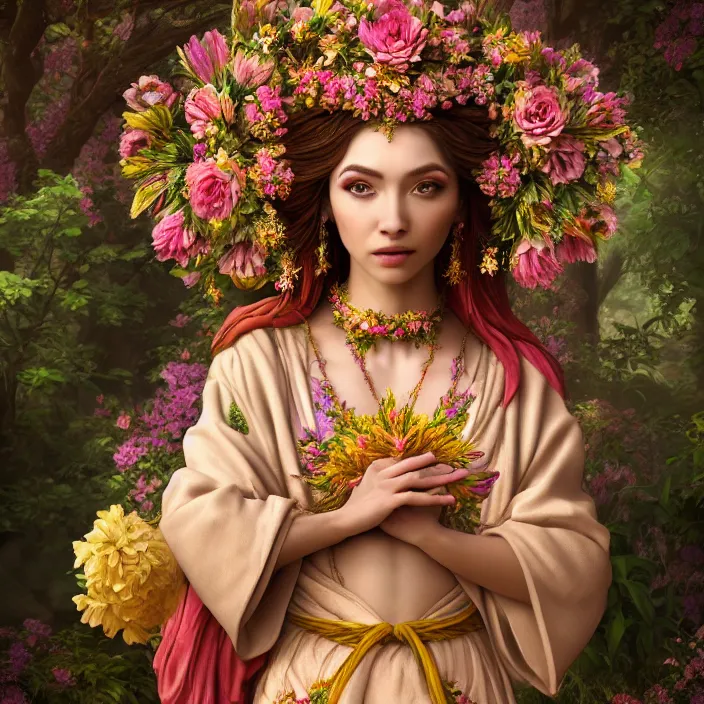 Image similar to photograph of a real-life beautiful flower goddess with ornate robes. Extremely detailed. 8k