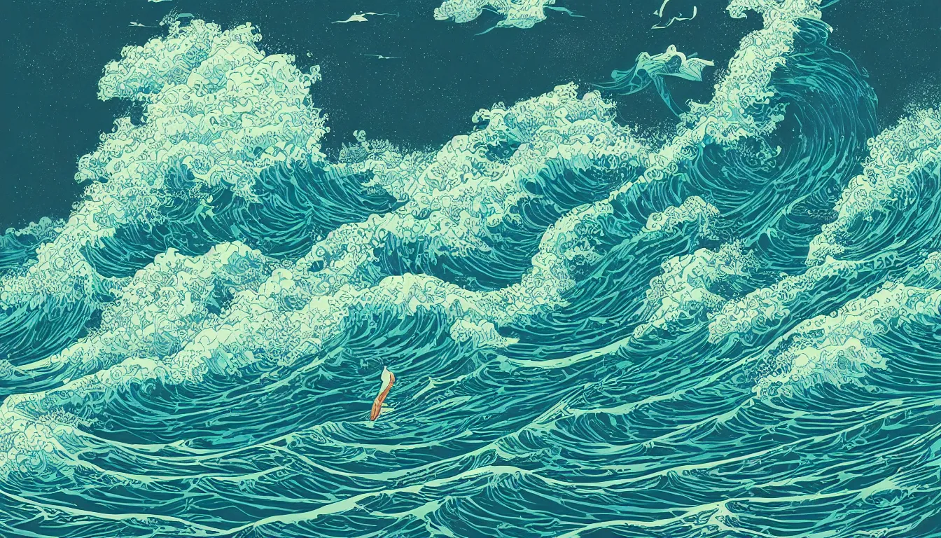 Image similar to huge waves far out at sea drawing by Victo Ngai, minimalist, detailed, land in sight, kilian eng, josan gonzalez