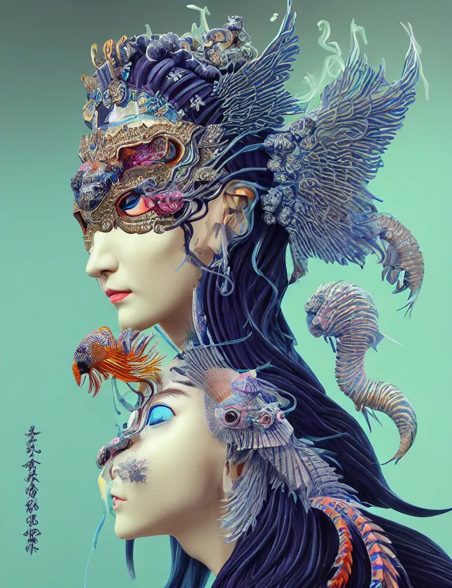 Image similar to 3 d goddess close - up profile portrait russian with ram skull. beautiful intricately detailed japanese crow kitsune mask and clasical japanese kimono. betta fish, jellyfish phoenix, bio luminescent, plasma, ice, water, wind, creature, artwork by tooth wu and wlop and beeple and greg rutkowski