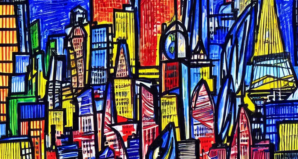 Image similar to color sketch of the london skyline, highly detailed, dramatic lighting, intense shadows, rich deep colours, by roy lichtenstein