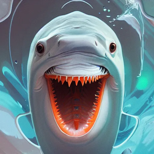 Image similar to orange and white traffic cone great white shark eyes and teeth teeth teeth teeth teeth, tyre mark, wide shot, underwater background detailed atmospheric - ron cheng & alphonse mucha, highly detailed, digital painting, ray tracing, concept art, illustration, smooth sharp focus, intricate, symmetry, artstation,