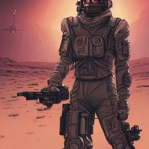 Image similar to a cyberpunk soldier with tactical gear and a rifle on mars, Industrial Scifi, detailed illustration, character portrait, by Martin Grip and Moebius