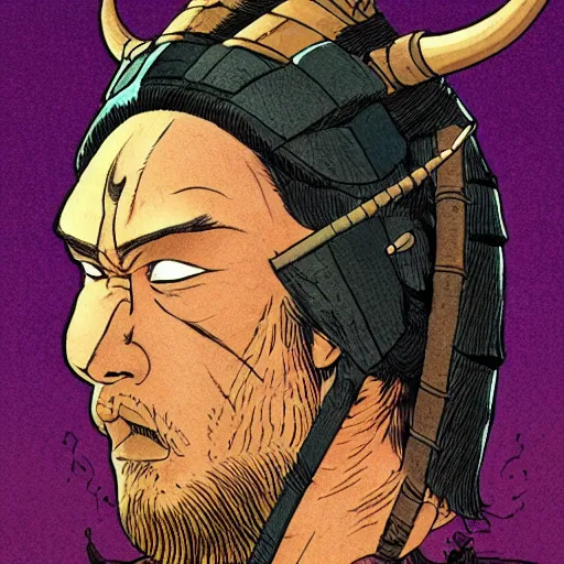 Prompt: a powerful japanese samurai wearing a viking's horned helmet, detailed face, highly detailed, face symmetry, character concept portrait by moebius and laurie greasley, colorful, profile picture, 8 k, cinematic color grading