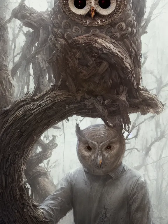 Image similar to a ultradetailed beautiful concept art of a strange and discreet human, hiding his face with an intricate wooden mask of an owl, concept art, high resolution 4 k, by tom bagshaw, greg rutkowski, charli bowater and artgeem