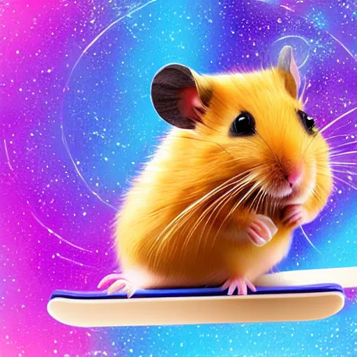Image similar to hamster skating through space, colorful, realistic, photorealism