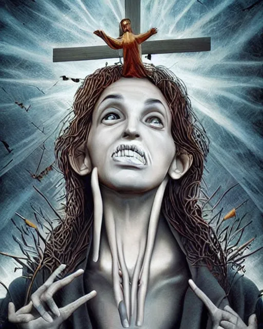 Image similar to crucifix theme surrealist art in the styles of igor morski, jim warren, and a tim burton film, intricate, hyperrealistic, accurate facial details, profile picture with chromakey!!!!! background, volumetric lighting