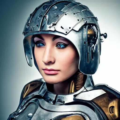 Prompt: portrait photo of a beautiful female cyborg. stone helmet. stone suit.