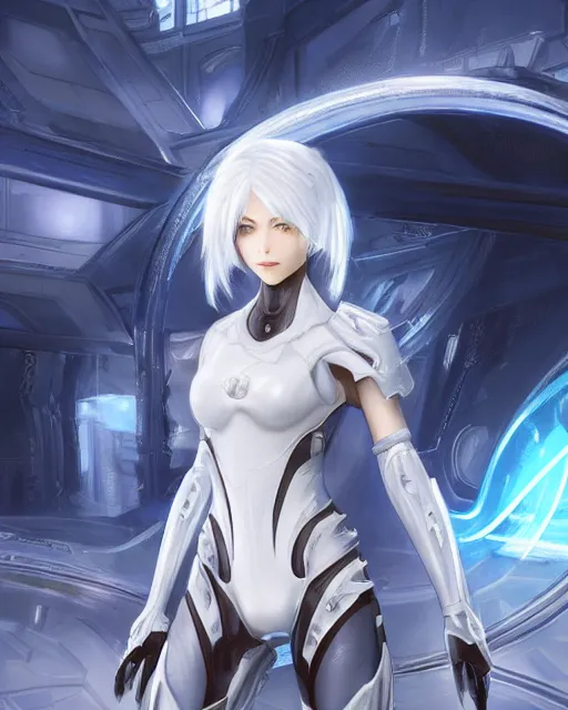 Image similar to perfect white haired girl, warframe armor, beautiful, dreamy, pretty face, blue eyes, portrait, detailed, bright light, scifi, amazing, utopian architecture in the background, laboratory, 4 k, ultra realistic, aura of light, cinematic, high detail, masterpiece, art by akihito tsukushi, akasuki brightmind