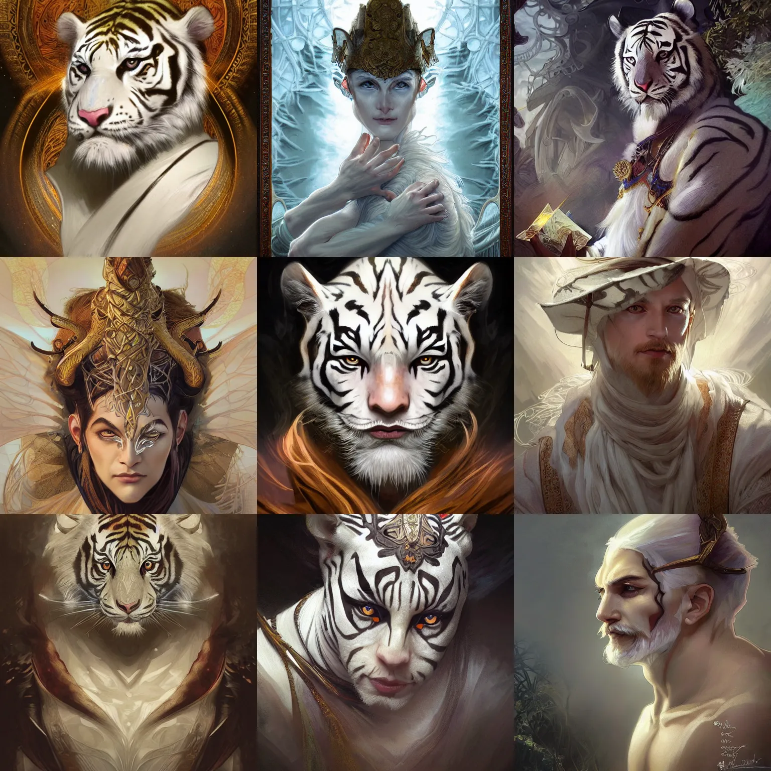 Image similar to A beautiful digital painting of a white bengal tiger man, sorcerer, D&D, fantasy, intricate, cinematic lighting, highly detailed, digital painting, Artstation, concept art, smooth, sharp focus, illustration, art by Artgerm and Greg Rutkowski, Alphonse Mucha and charlie bowater