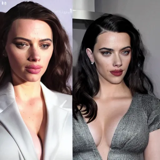 Prompt: a woman who is a genetic combination of kim kardashian and kat dennings and scarlett johansson and margot robbie and emma watson face and upper - body focus