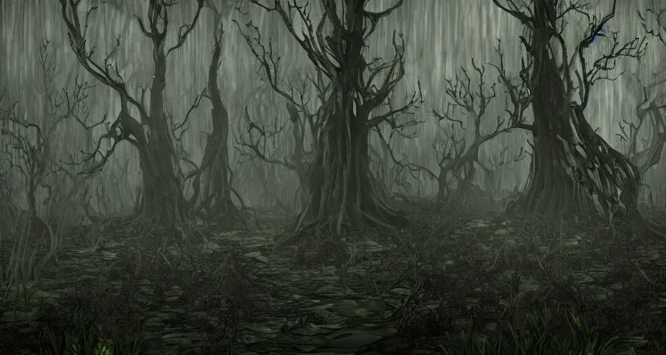 Image similar to A dense and dark enchanted forest with a swamp, by schizophrenia patient