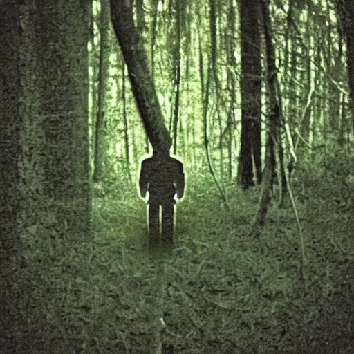 Image similar to grainy trail cam photo still of an alien in the woods at night hiding in the trees of a forest