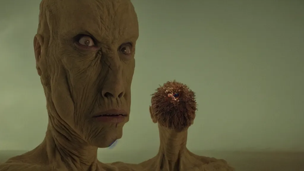 Image similar to the creature that told me it's secret, film still from the movie directed by Denis Villeneuve with art direction by Salvador Dalí, wide lens