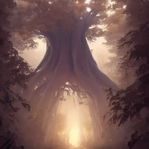 Prompt: 3 d render inspired art by greg rutkowski of a giant tree in magical forest