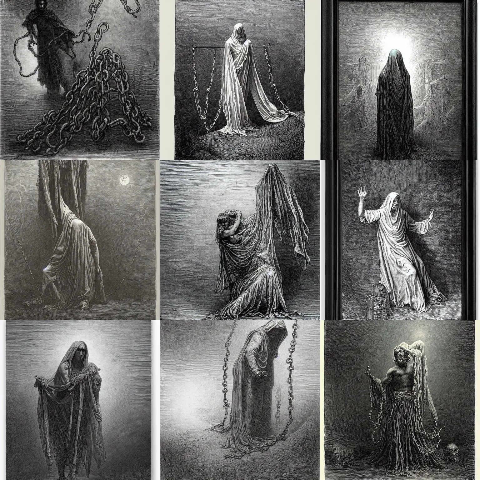 Prompt: a sheet ghost holding chains by gustave dore
