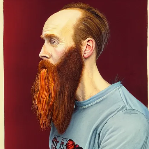 Image similar to portrait of a young man, long red beard, mid length red hair, receding hairline, wearing a punk rock t shirt, smoking a cigarette, painted by John dyer baizley and Norman Rockwell and Aaron horkey