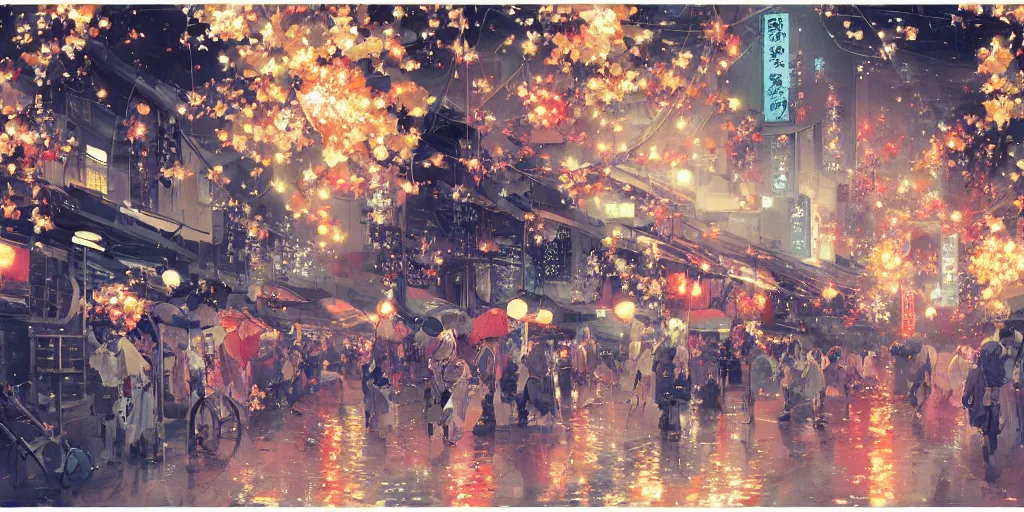 Prompt: anime kyoto animation key by greg rutkowski night, fireworks festival at kamokawa, kimono,