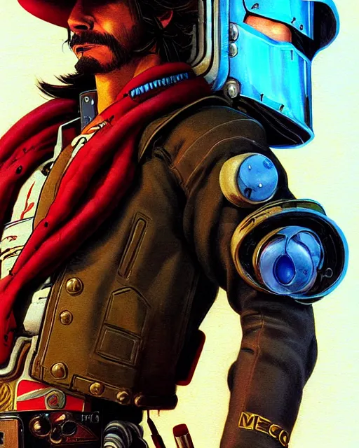 Image similar to mccree from overwatch, cyber space cowboy, outter space, cyber armor, character portrait, portrait, close up, concept art, intricate details, highly detailed, vintage sci - fi poster, retro future, vintage sci - fi art, in the style of chris foss, rodger dean, moebius, michael whelan, and gustave dore