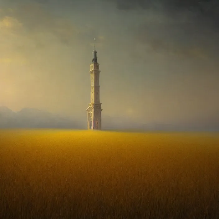 Image similar to a beautiful painting of a tower in a field of golden wheat by ivan aivazovsky and zdzisław beksinski and rene magritte and greg rutkowski and james gurney, in style of digital art. hyper detailed. octane render. maya. trending on artstation