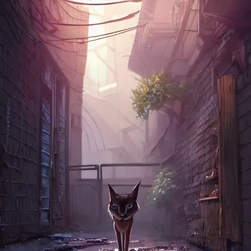 Prompt: a wholesome animation key shot of a focused cute caracal in an abandoned alleyway, medium shot, waist up, studio Ghibli, Pixar and Disney animation, sharp, very detailed, high resolution, Rendered in Unreal Engine 5, anime key art by Greg Rutkowski, Bloom, dramatic lighting