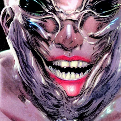 Image similar to closeup of face melting in agony, inside dark oil, frontal picture, by masamune shirow, josan gonzales