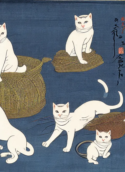 Image similar to whitecat with 2 baby white cats of utagawa hiroshige, digital painting 4 k uhd image, highly detailed