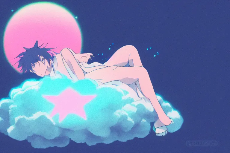 Image similar to a cute anime girl sleeping on a cloud, misty, glows, by studio ghibli, anime, hazy, foggy, ambient lighting, 8 k, neon, synthwave,