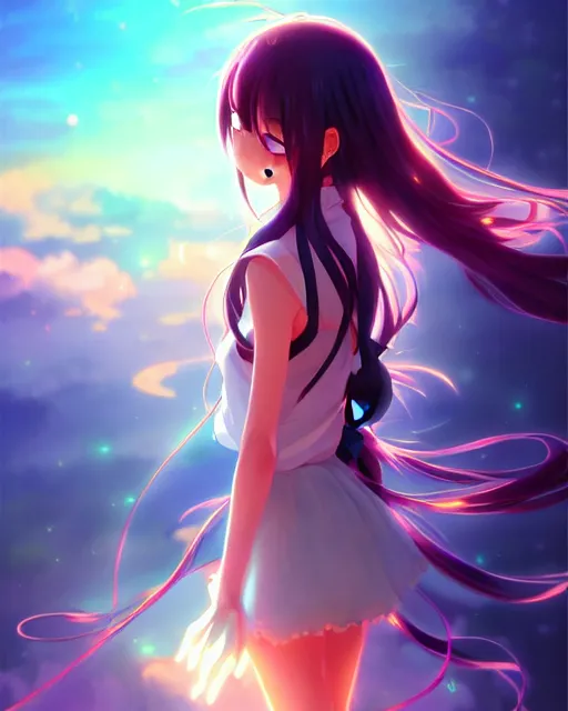 Image similar to anime style, vivid, expressive, full body, 4 k, painting, a cute magical girl with a long wavy black hair, side shot, stunning, realistic light and shadow effects, centered, simple background, studio ghibly makoto shinkai yuji yamaguchi