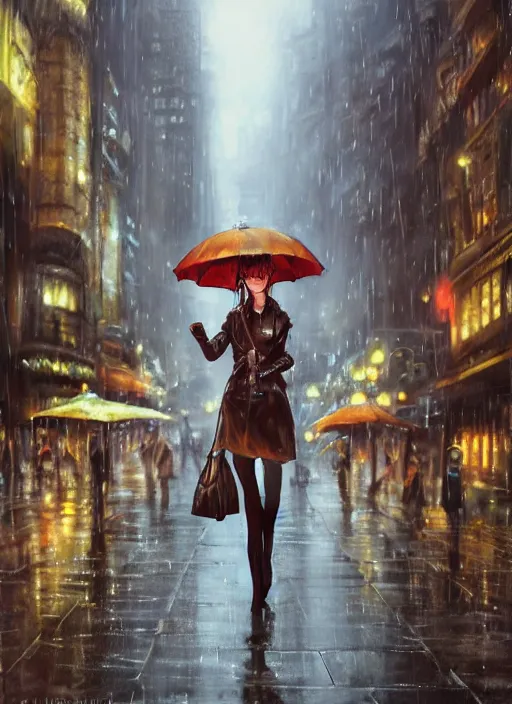 Image similar to girl, steampunk, goggles, pilot, standing in the rain with an umbrella, wet, raindrops, reflections, detailed city background, portait, made by stanley artgerm lau, wlop, rossdraws, james jean, andrei riabovitchev, marc simonetti, yoshitaka amano, artstation