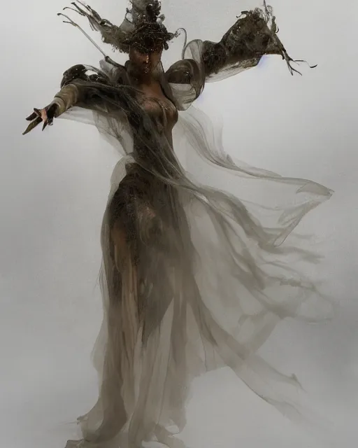 Image similar to professional concept art ethereal ghostlike valkyrie figure fluid simulation in houdini dancing in dark smoke robes and silk veils by ilm, paolo roversi, nick knight, amy judd, beautiful simplified form in turbulent movement, dark studio background, turner, romantic, trending on artstation, hyperrealism, matte painting, dutch golden age, fine detail, cgsociety